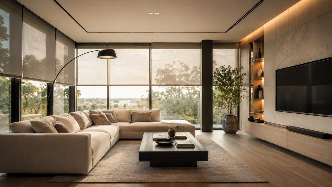Salón luminoso de una vivienda con persianas de aluminio