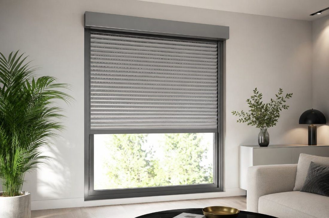 Persiana de aluminio gris instalada en una ventana moderna