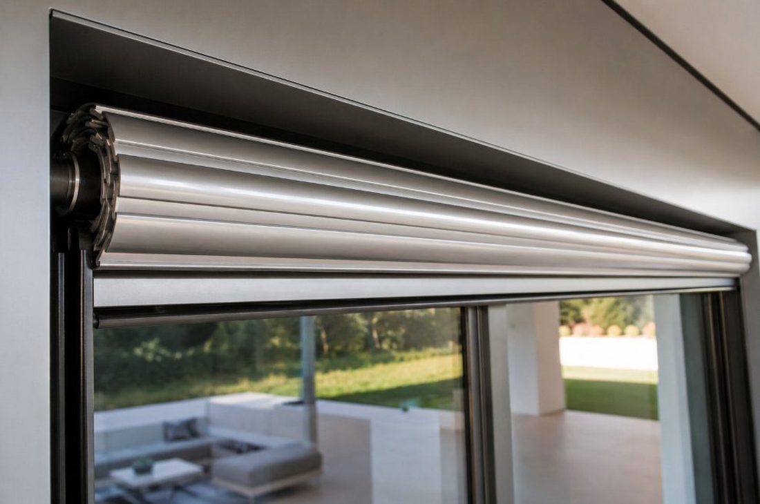 Persiana enrollable de aluminio recién instalada en una ventana