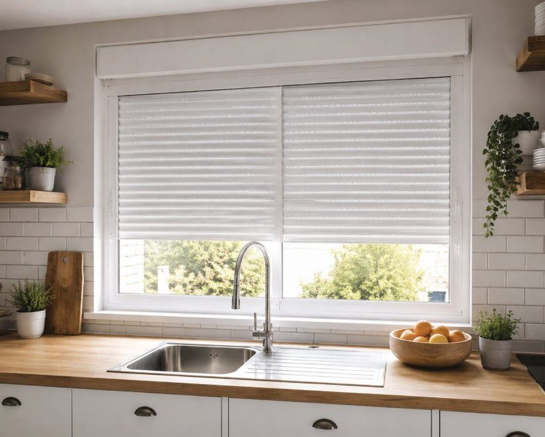 Persiana de PVC blanca en la ventana de una cocina