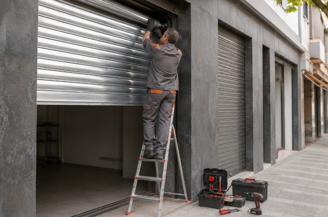 Técnico instalando un cierre metálico en la fachada de un comercio en Vila-seca