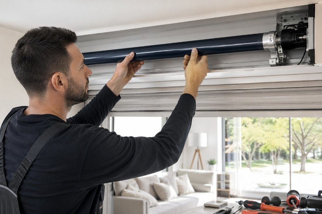 Instalador colocando un motor tubular en una persiana del salón