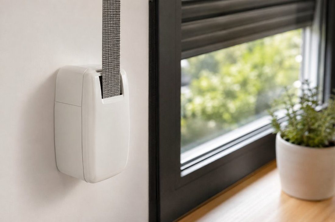 Recogedor de cinta motorizado instalado en la pared junto a la ventana