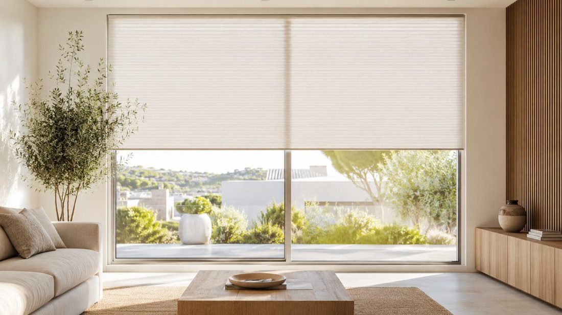 Salón moderno con persianas motorizadas bajadas a media altura