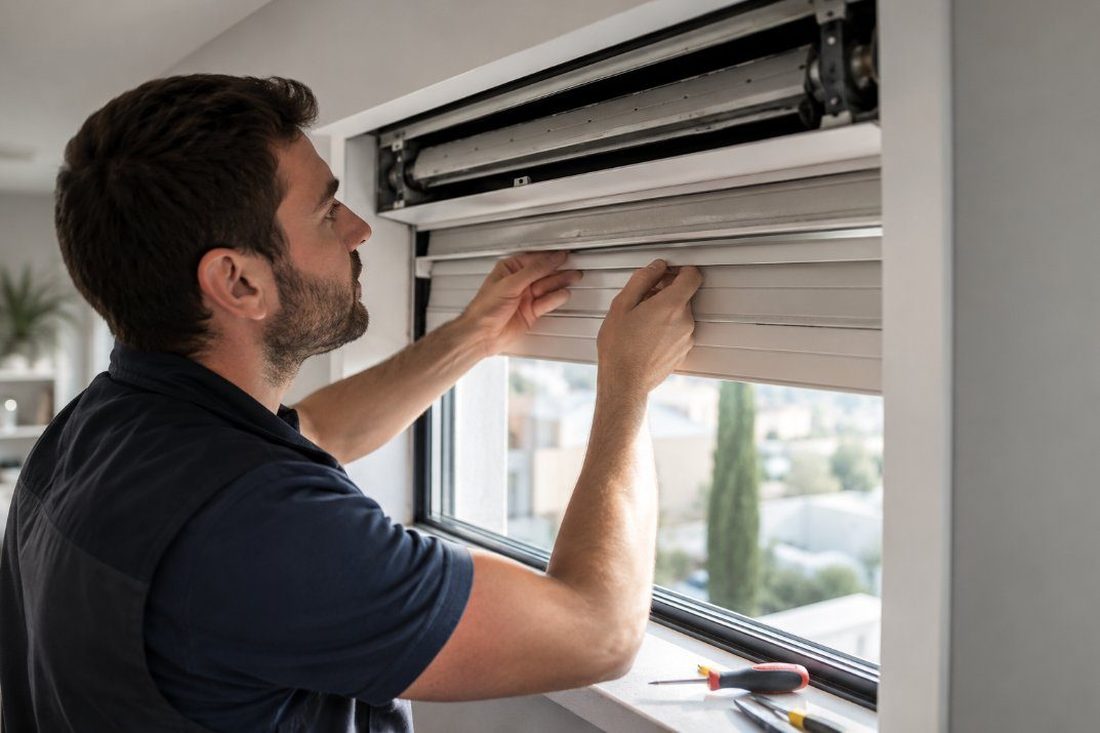 Persianista reparando una persiana enrollable atascada en una vivienda